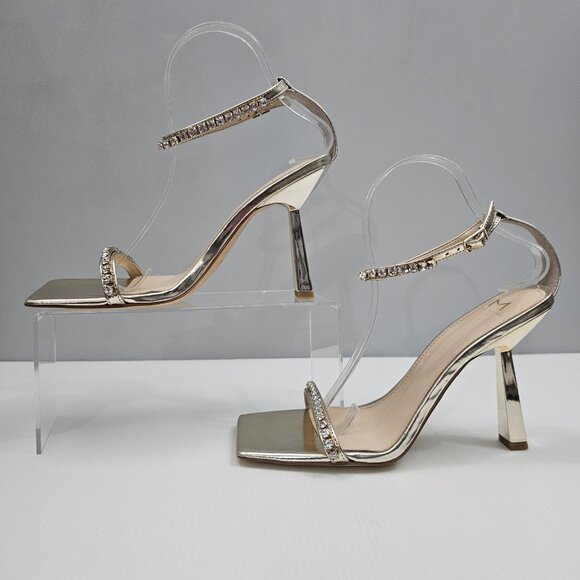 Marc Fisher Karima Rhinestone Heel Sz 9 Metallic Gold Leather Ankle Strap Sandal - Picture 2 of 16